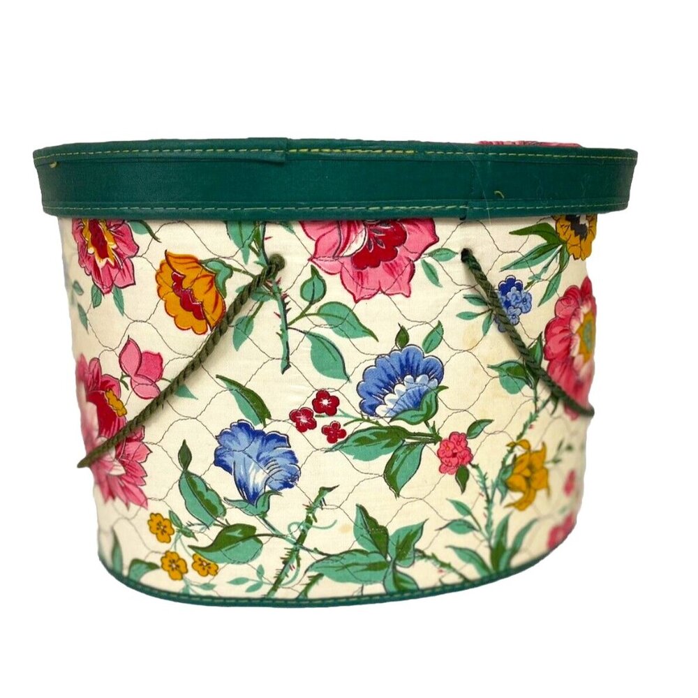 VTG Chintz Floral Oval Sewing Box Padded Quilted Lid Container Storage Pockets